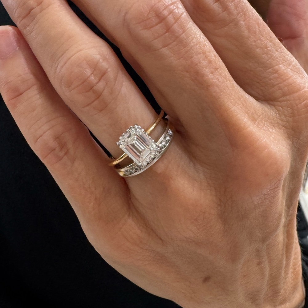 Gold Bridal Set- 2CT Emerald Cut Engagement Ring &White Gold Wedding Band